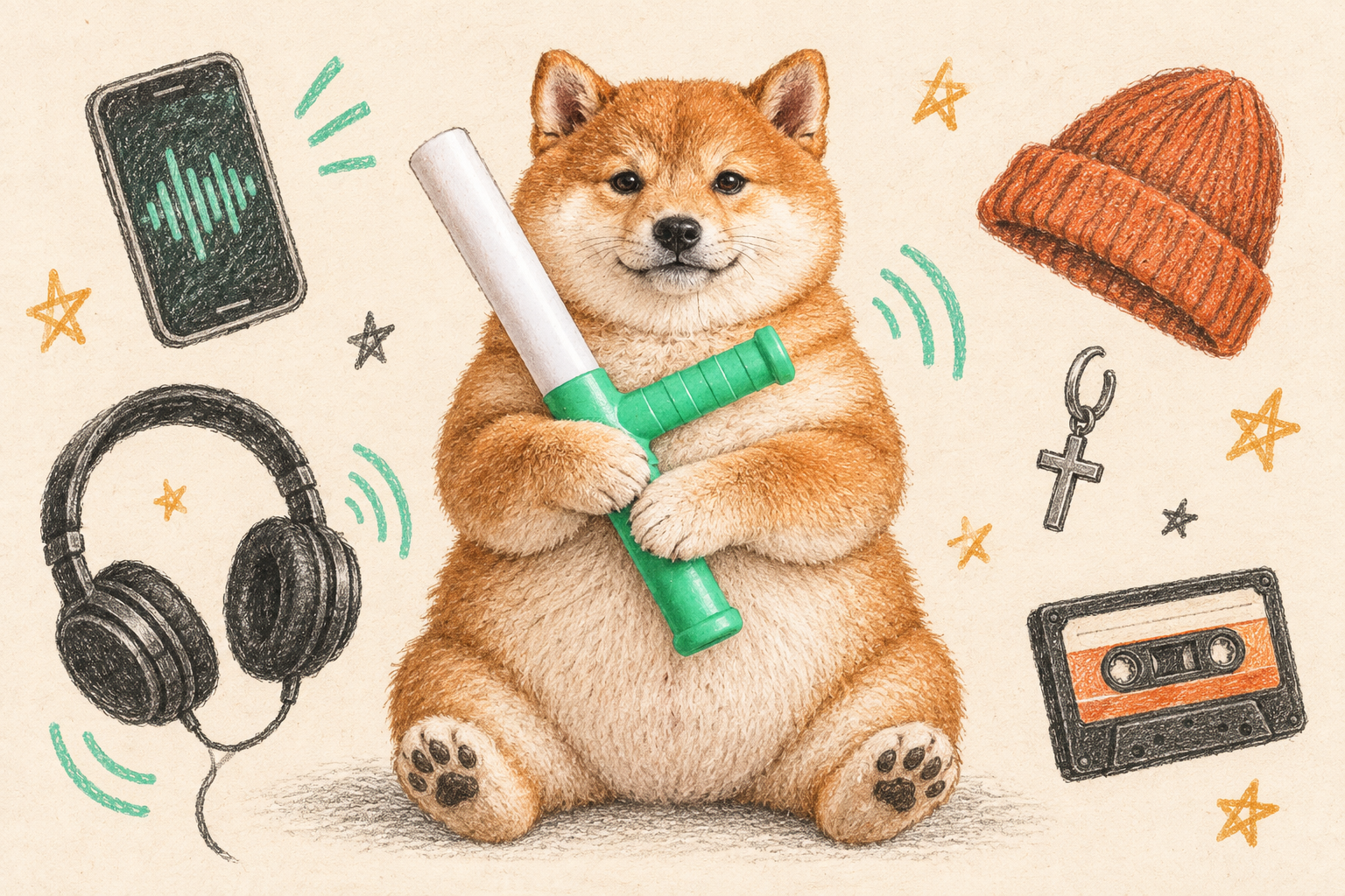 Pencil illustration of Big Baton, a round ginger Shiba holding his white and mint baton, surrounded by hipster treasures